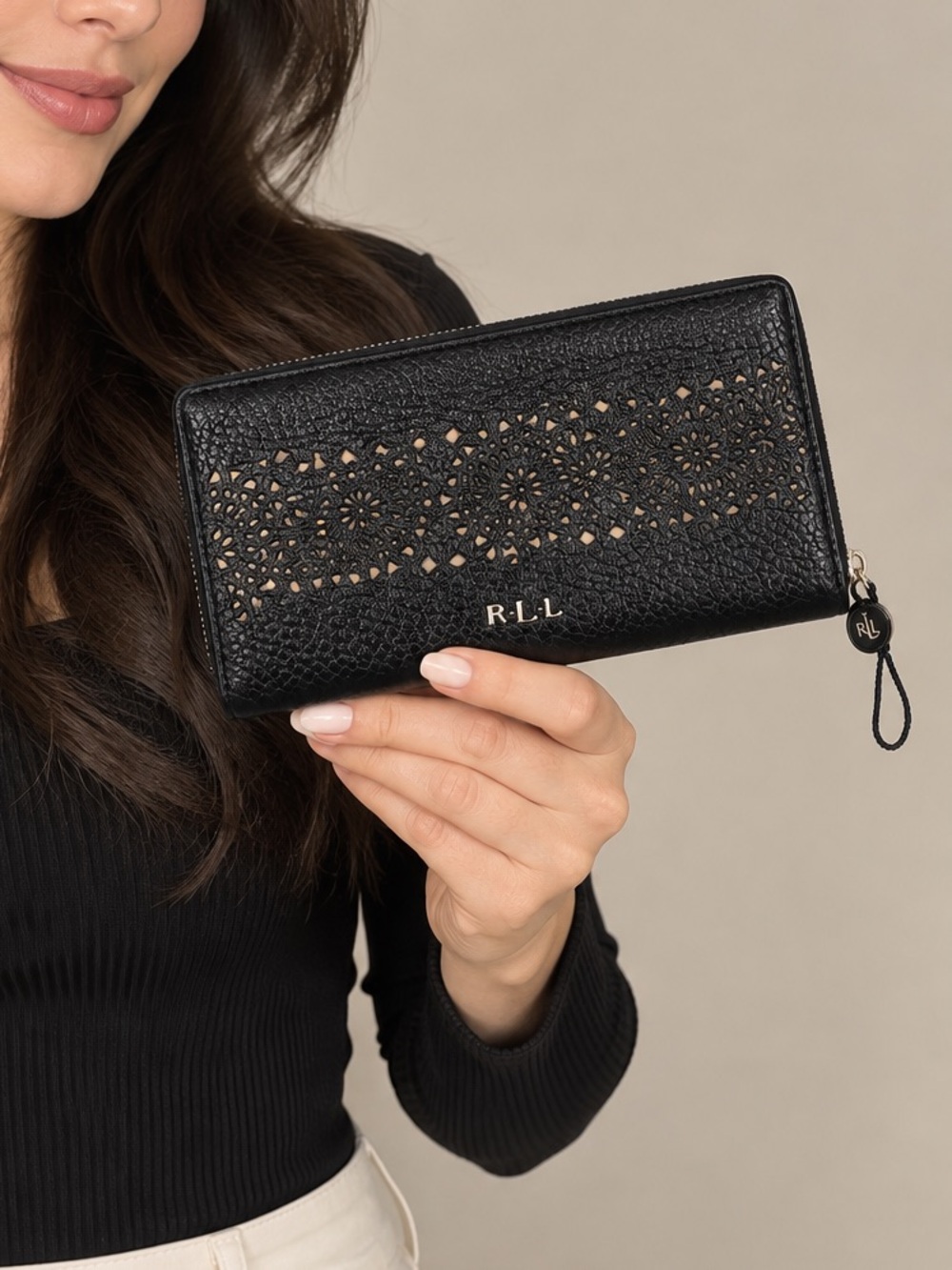 Lauren Ralph Lauren Black Laser-Cut Zip-Around Wallet with Gold Accents